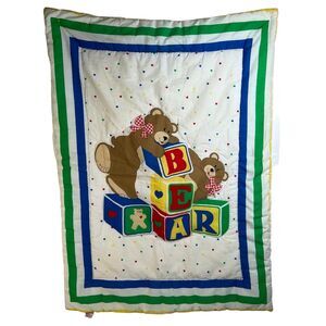 Vtg 80s Little Bedding Teddy Bear Blocks Nursery Crib Blanket Red Calliope